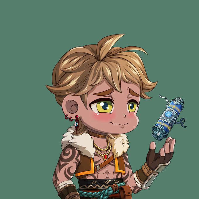 An anime/chibi-style illustration of a blonde-haired character with green eyes, tribal tattoos, gold jewelry, and a fur-collared outfit, holding up a glowing blue cylindrical canister.