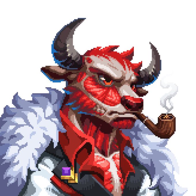 A pixel-art illustration depicts a fierce, cigar-smoking bull wearing a fur-collared coat, symbolizing the "Bears vs Bulls" theme of the FortuneFoes GameFi giveaway being promoted on Robinhood Chain. The bullish imagery reinforces the high-stakes, competitive nature of the RWA (real-world asset) gaming project.