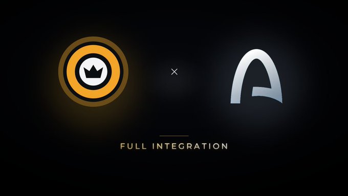 Dark promotional graphic announcing a 'Full Integration' between two logos: a gold circular emblem with a crown and a silver letter 'A'.