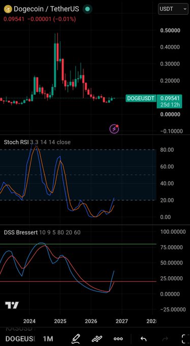 A TradingView candlestick chart for DOGEUSDT (Dogecoin / TetherUS) at $0.09541, displayed with Stochastic RSI and DSS Bressert technical indicators over a 1-month timeframe.