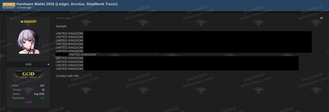 A dark-themed forum profile page titled 'Hardware Wallet 2026' shows a user 'david20' with anime avatar, listing membership details including threads: 28, posts: 307, joined Aug 2025, and reputation, with the sample text area redacted.