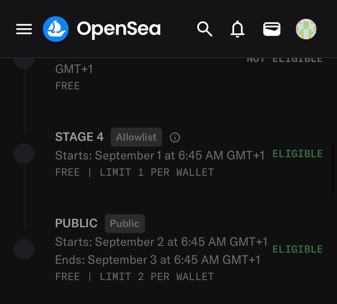 A screenshot from OpenSea displaying minting stages including 'STAGE 4 Allowlist' starting September 1 at 6:45 AM GMT+1 (FREE, LIMIT 1 PER WALLET) and 'PUBLIC' starting September 2 at 6:45 AM GMT+1 (FREE, LIMIT 2 PER WALLET), both marked as ELIGIBLE.