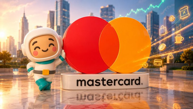 A 3D-rendered astronaut mascot standing next to the large interlocking red and yellow Mastercard logo on a pedestal, with a city skyline and growth chart in the background.