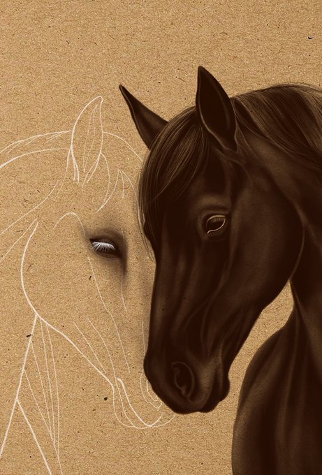 An artistic digital illustration of a dark brown horse's head on the right, with a white chalk-like outline of another horse on a textured tan background to its left.