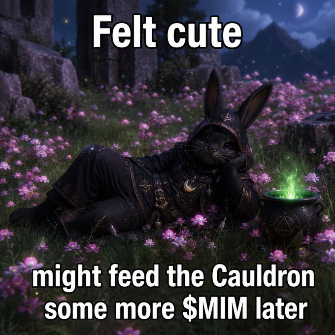 A meme featuring a black cat dressed as a wizard in a field of purple flowers with a glowing green cauldron, captioned 'Felt cute' at the top and 'might feed the Cauldron some more $MIM later' at the bottom.