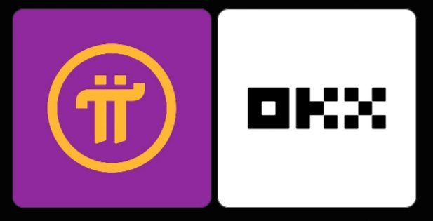 Two cryptocurrency logos displayed side by side: a purple Pi Network (π) logo on the left and a black-and-white OKX logo on the right.