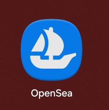 The image shows the OpenSea app icon, featuring a white sailboat on a blue rounded square background, with "OpenSea" written below. This relates to the post by showcasing the platform where the user purchased an NFT, specifically referencing the OpenSea mobile app as mentioned in the caption.