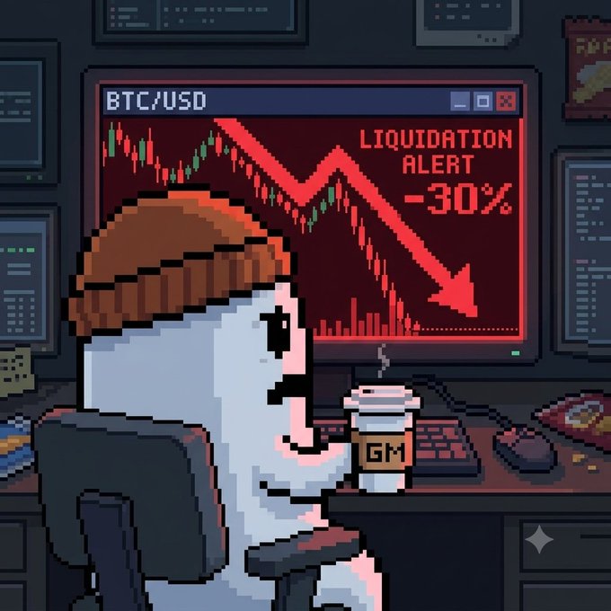 A pixel-art meme showing a trader in a beanie sipping a 'GM' coffee while staring at a BTC/USD chart displaying a red 'LIQUIDATION ALERT -30%' with a downward arrow.
