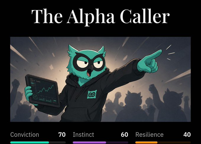 A character profile card titled 'The Alpha Caller' featuring a teal anthropomorphic owl wearing a black mask and hoodie, holding a tablet with a stock chart and pointing outward, with stats: Conviction 70, Instinct 60, Resilience 40.