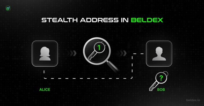A Beldex infographic explaining 'STEALTH ADDRESS' concepts with diagrams showing Alice, a transaction key marked '1', and Bob with a question mark key.