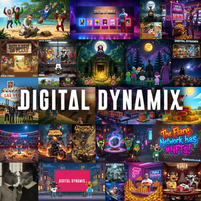Collage of various cartoon-style images for 'DIGITAL DYNAMIX', including characters in Las Vegas, NFT references, and The Flare Network.