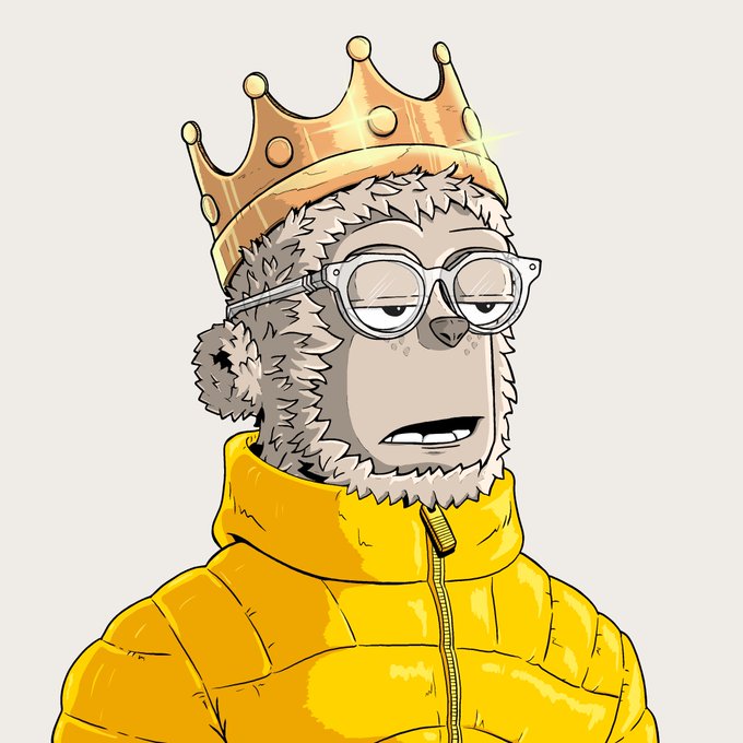 A cartoon illustration of an anthropomorphic gray wolf or sloth-like character wearing white-framed glasses and a bright yellow puffer jacket, with a golden crown perched on its head.