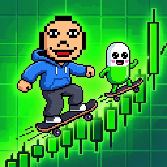 A pixel art image shows a bearded man in a blue hoodie and a small white ghost-like character both riding skateboards up an ascending green candlestick chart. The cartoonish scene visually reinforces the bullish sentiment in the caption, depicting the poster and Cupsey "going up only" as the green candles rise behind them.