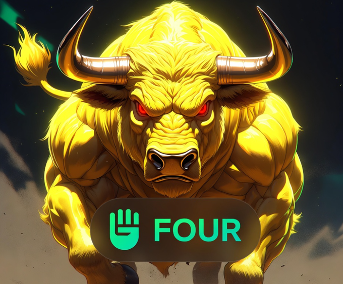 A muscular golden bull with glowing red eyes and sharp horns stands aggressively against a dark background, with a green label at the bottom reading "FOUR" next to a hand icon showing four fingers. The image appears to symbolize the number four, likely referencing the "Leading Sheep Speedrun 1M BSC funds" mentioned in the post, with the bull representing bullish momentum in the BSC meme market.