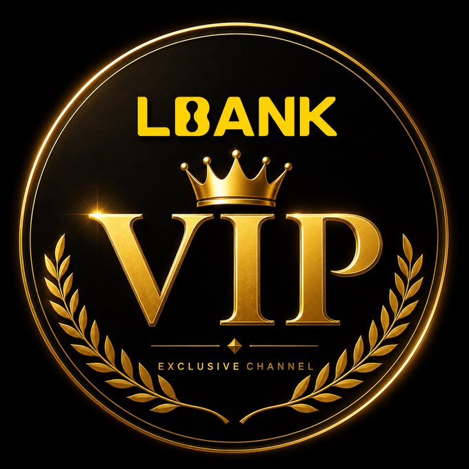 A golden, circular VIP badge for LBANK, featuring a crown emblem and laurel wreaths with the text 'EXCLUSIVE CHANNEL'.