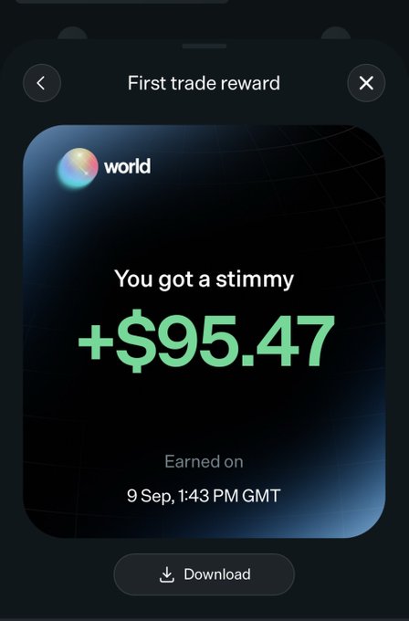 A screenshot shows a "First trade reward" notification from Worldcoin (@world_xyz) displaying a stimulus payout of "+$95.47" earned on September 9 at 1:43 PM GMT. The image illustrates the airdrop reward users received, aligning with the post about the project's distribution despite the site currently experiencing errors and wallet visibility issues.