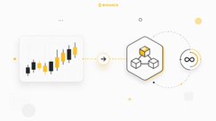 A graphic showing a candlestick chart transitioning into a hexagonal cryptocurrency token symbol with an infinity logo beside it.