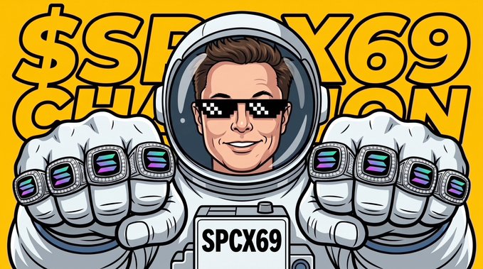 A cartoon graphic of an astronaut wearing pixelated sunglasses and championship rings, with the text "$SPCX69 CHAMPION" on a yellow background.