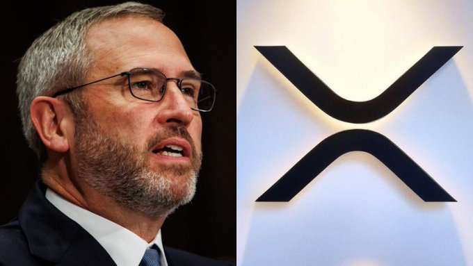 A man with short hair, glasses, and a beard speaks while wearing a suit on the left, alongside the Ripple (XRP) logo on the right. The image illustrates the Ripple CEO's bold claim that XRP will overtake Bitcoin.