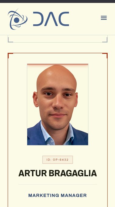 Team introduction card for DAC Chain featuring Artur Bragaglia (ID: OP-6432), Marketing Manager, displayed with his professional headshot to introduce him as part of the project's ecosystem team.