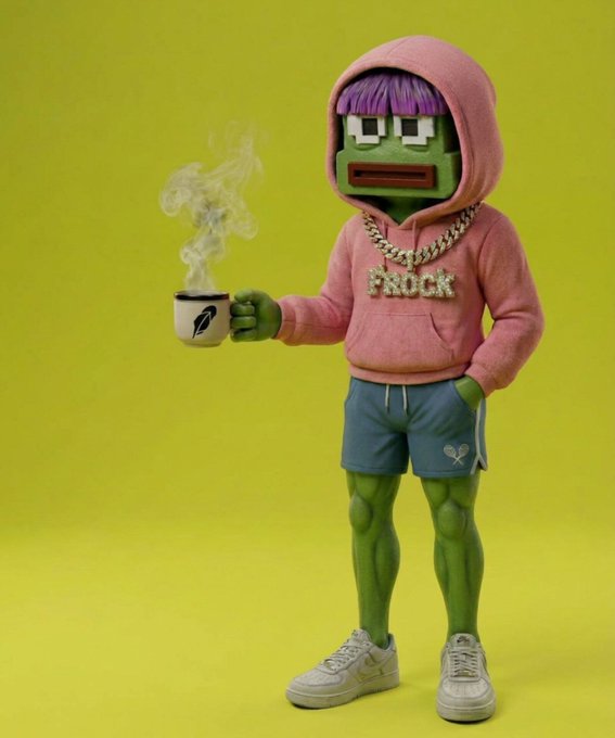 A 3D-rendered green character with a purple-banged pink hoodie, a gold chain reading "FROCK", blue shorts, and white sneakers holds a steaming mug against a bright yellow background.