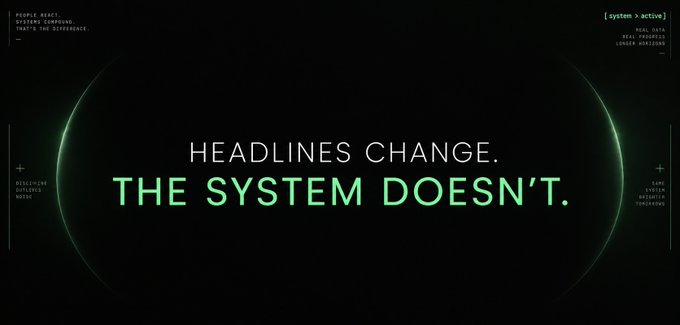 A dark graphic with green text reading 'HEADLINES CHANGE. THE SYSTEM DOESN'T.' surrounded by smaller, partially legible text resembling a computer terminal interface.