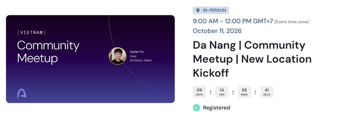 An event page for a 'Da Nang | Community Meetup | New Location Kickoff' hosted by Leader Vu, Brand Architect at Hanoi, taking place in-person on October 11, 2026, from 9:00 AM – 12:00 PM GMT+7, with 14 hours, 59 minutes, and 41 seconds until the event and marked as Registered.
