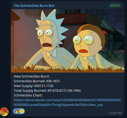 A Telegram message from 'The Schmeckles Burn Bot' (admin) showing a meme of Rick and Morty with shrunken, coin-filled eyes, reporting a new burn of 308.1853 Schmeckles and providing a DexScreener chart link, timestamped 12:08 PM.