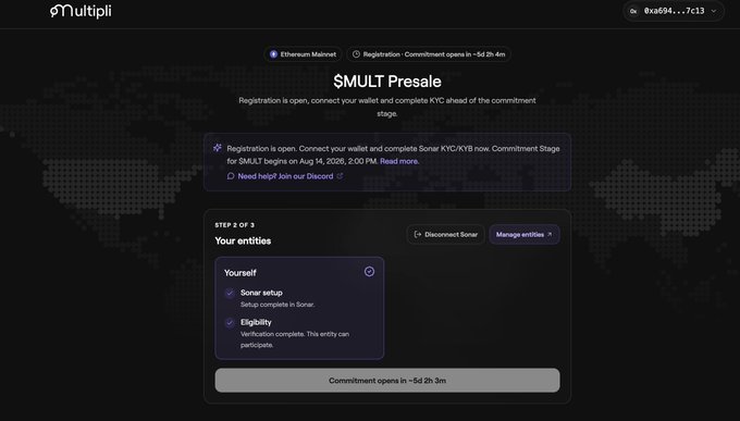 The image shows the Multipli website displaying a "$MULT Presale" page with a Step 1 of 3 "Your entries" section confirming eligibility for "Yourself" through completed Sonar setup and eligibility verification, with a countdown showing commitment opens in approximately 5 days, 2 hours, and 3 minutes—aligning with the post's announcement of the registration deadline (Aug 14), commitment start (Aug 21), and settlement (Aug 26).
