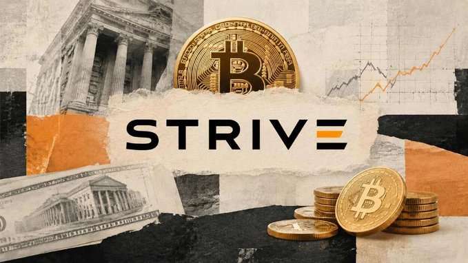 A collage-style promotional graphic for "STRIVE" features torn paper textures in orange, black, and cream, displaying a Bitcoin coin, a stack of gold Bitcoin tokens, a US dollar bill, and a classical columned building alongside an upward-trending chart line—visually reinforcing the headline about Strive's executive predicting an "explosive bull market" for Bitcoin.