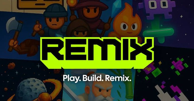 A promotional graphic for REMIX with the tagline 'Play. Build. Remix.' featuring various cartoon characters and game elements like blocks and a turtle shell.
