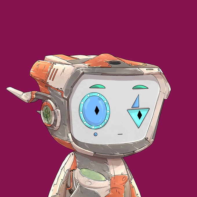 An illustration of a small, weathered robot with orange and white coloring, featuring mismatched geometric eyes and a blue circular face plate.