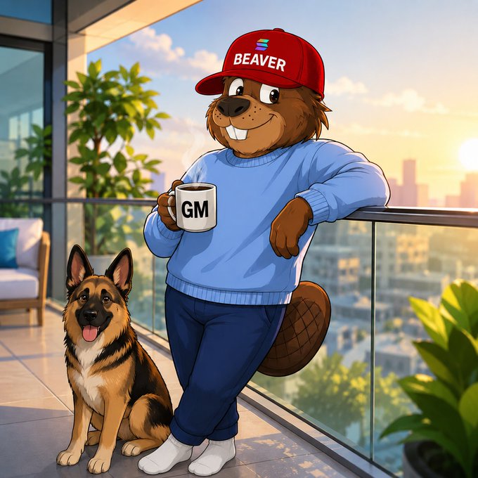 A cartoon-style illustration of a smiling beaver character wearing a red 'BEAVER' cap, a blue sweater, and dark pants, holding a 'GM' mug and leaning on a balcony railing next to a German Shepherd dog.