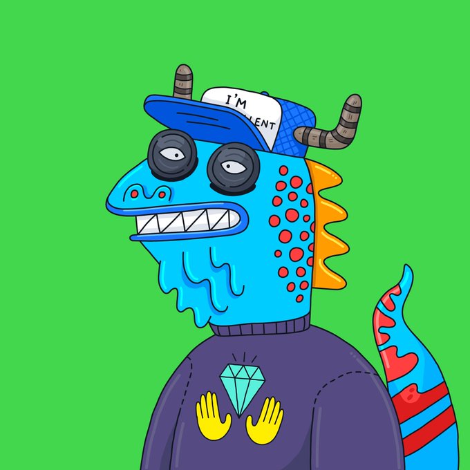 A colorful cartoon illustration of a blue dragon-like monster wearing a blue baseball cap that reads 'I'M TALENT', black-rimmed glasses, and a purple sweater, holding a diamond on its chest against a green background.