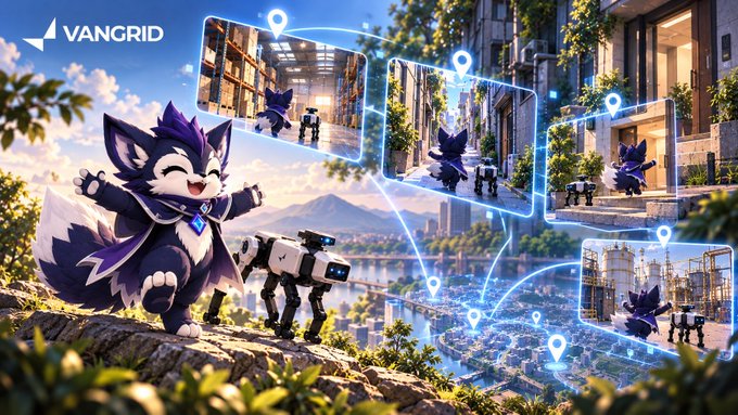 Promotional artwork for 'VANGRID' showing a purple fox-like character and a robotic dog exploring a fantasy cityscape connected by floating holographic map screens.