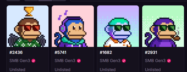 Four pixel-art monkey NFTs from the SMB Gen3 collection (IDs #2436, #5741, #1682, #2931) are displayed on a marketplace, showcasing the user's growing collection of MonkeDAO digital collectibles. The monkeys feature various accessories like sunglasses, a gold trophy, and headphones, fitting the "welcome to the jungle" theme referenced in the post.