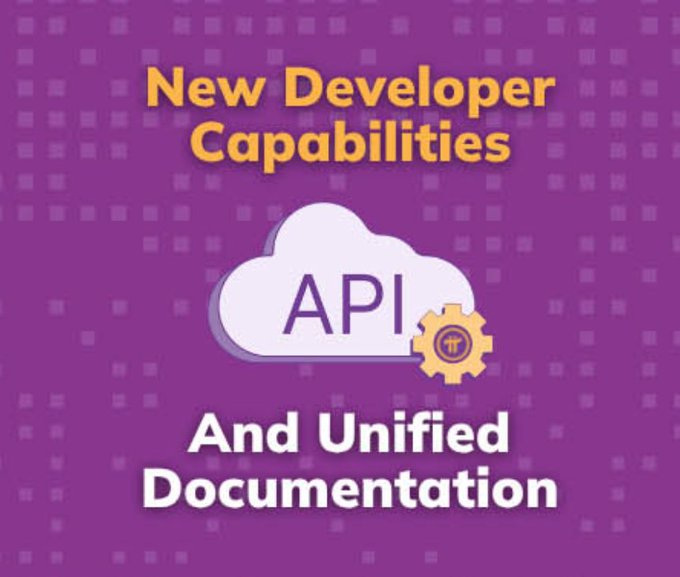 A graphic with purple background displaying 'New Developer Capabilities' at the top and 'And Unified Documentation' at the bottom, featuring an 'API' cloud icon with a gear.
