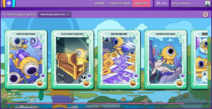 A digital quest selection screen displays five colorful cards titled "Retrieve the Sunken Treasure," "The Lost Treasure of Sunken Wrath," "Stop the Card Thief," "Reclaiming the Coral Princess," and "Bubb," featuring cartoon underwater imagery with fish, treasure chests, and coral scenery. The post references Everdraw allowlist opportunities via playable card quests, connecting to the image's interactive quest-based game platform shown under the "QUESTS" tab.
