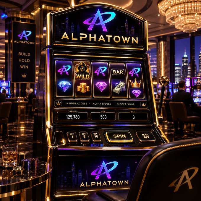 A golden slot machine branded 'ALPHATOWN' in an upscale casino setting, displaying credits of 125,780, a bet of 500, and various slot symbols including diamonds, wilds, and crowns.