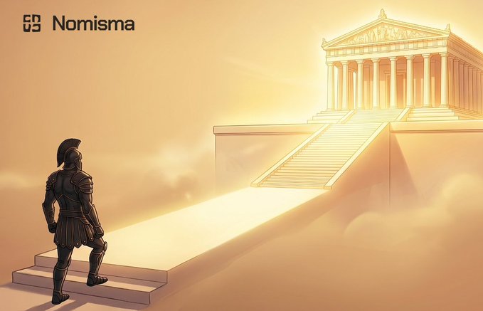An illustration branded 'Nomisma' showing a Roman/Greek warrior in armor standing at the bottom of steps leading up to a glowing classical temple in the clouds.