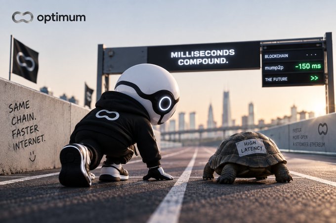 An advertisement for Optimum showing a robot in a starting position on a track next to a tortoise labeled 'HIGH LATENCY,' with text promoting 'MILLISECONDS COMPOUND' and faster internet speeds.