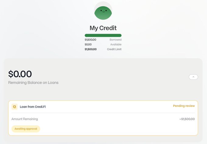 A "My Credit" dashboard from CrediFi shows $1,500.00 borrowed (at 0% available) with a pending loan review of -$1,500.00, while the accompanying post jokes about leveraging credit for speculative gains before potentially returning it.