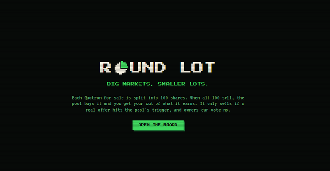A pixel-art style graphic for 'ROUND LOT' with the tagline 'BIG MARKETS, SMALLER LOTS,' explaining a Quotron split pool system and featuring an 'OPEN THE BOARD' button.