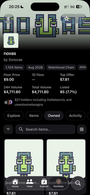 A mobile screenshot of an NFT collection called 'novas' by 0xnovas on Robinhood Chain, showing 1,104 items, a floor price of $9.00, top offer of $7.81, and 24H volume of $4,711.80.