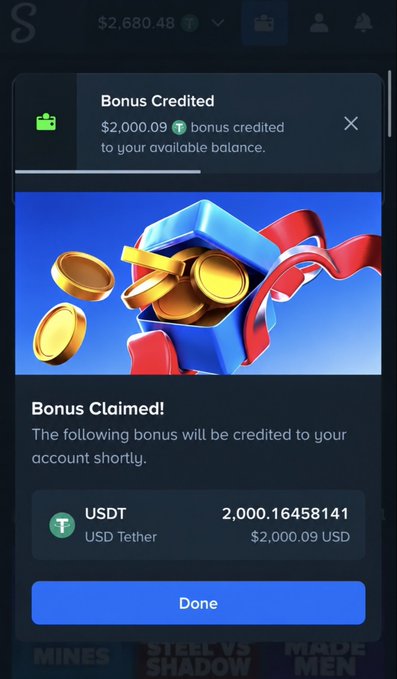 The image shows a "Bonus Credited" notification for $2,000.09 USD Tether (USDT) on Stake, relating to the post's giveaway for lucky people to receive a surprise DM if they write down their Stake username.
