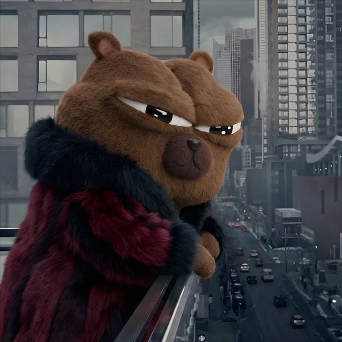 An anthropomorphic brown bear character in a fur-collared coat gazes down at a moody, overcast city street from a high-rise window.