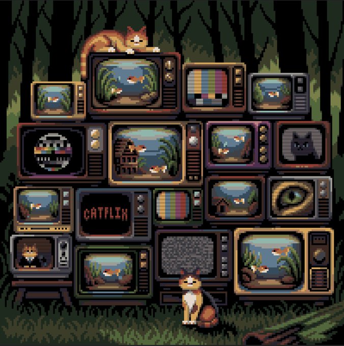 A pixel art illustration shows a stack of various vintage television sets displaying different images including cats, fish tanks, and color bars, with a cat sitting on top and another in front, set in a forest. The word 'CATFLIX' is visible on one screen.