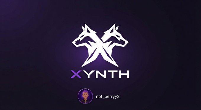 A dark purple background featuring the Xynth logo, a stylized white emblem of two mirrored wolf heads forming an "X," positioned above the brand name "XYNTH" and a Discord avatar labeled "not_berryy3." The image complements the post's message about traders being overwhelmed by scattered information, positioning Xynth as the streamlined solution that consolidates charts, news, filings, and on-chain data into a single platform.
