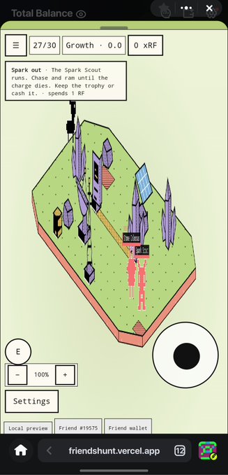 A mobile game interface titled 'Total Balance' showing a 3D isometric level called 'Spark out' featuring purple crystals and a character, with a navigation bar at the bottom displaying 'friendshunt.vercel.app'.