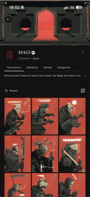 A mobile app interface displaying an NFT collection titled 'MAGI' by 'scum', described as 'Nine ancient titans of armor and ritual, the Magi are relics of a...', featuring a grid of nine red-toned skeletal warrior illustrations.
